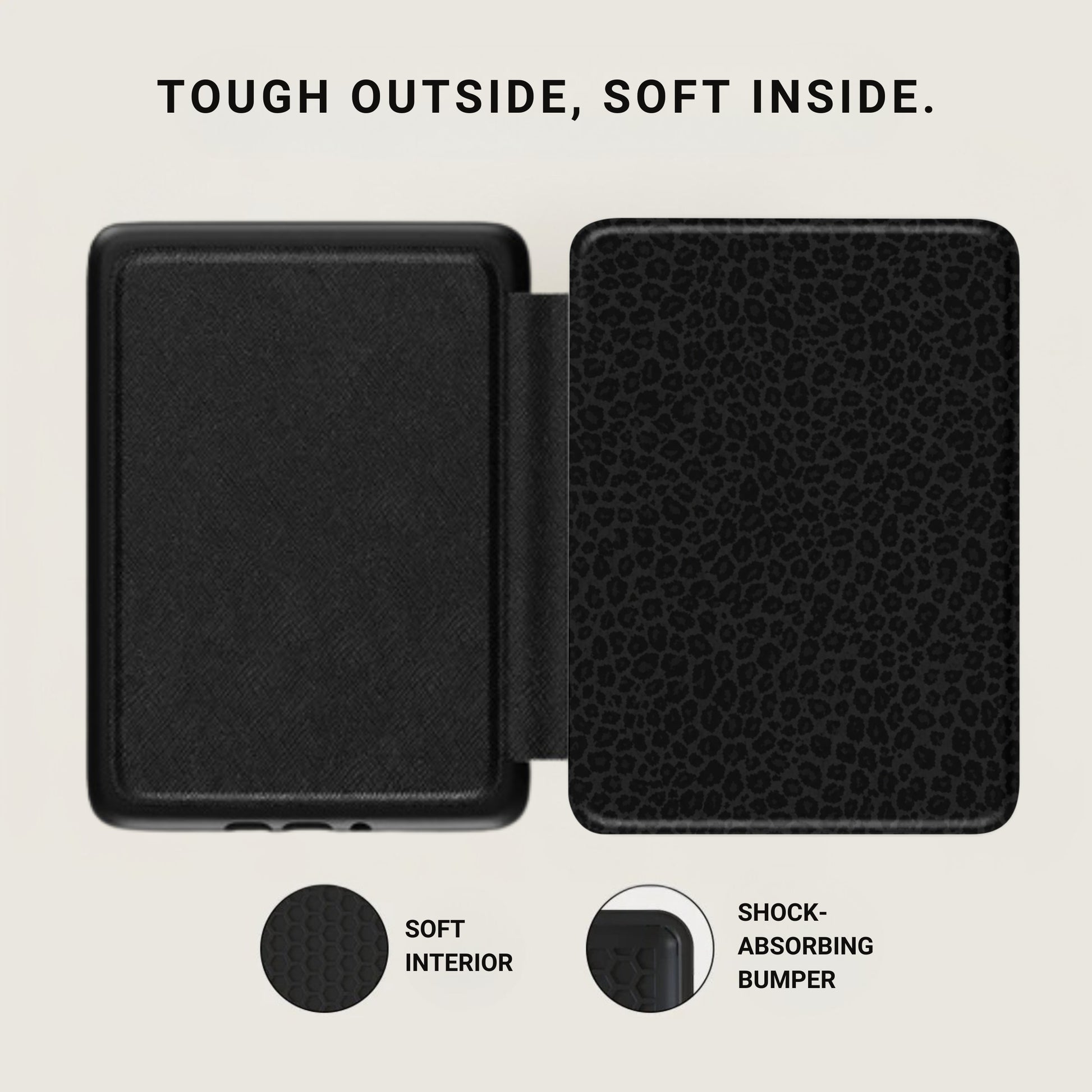 Black case open, showcasing textured exterior and leopard print interior.