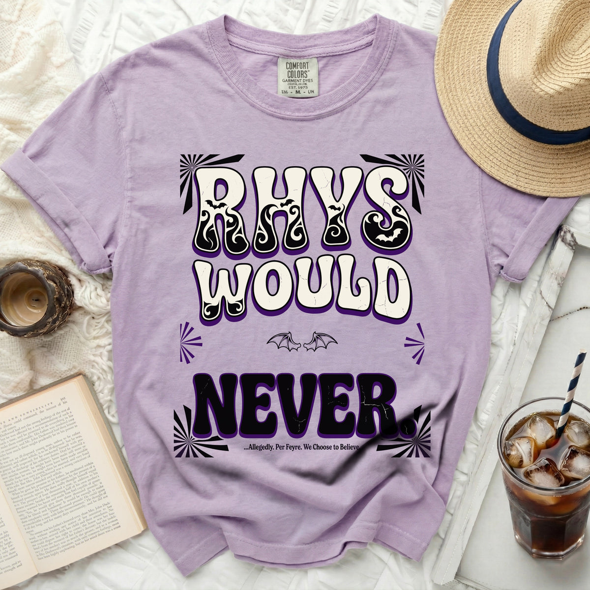Purple t-shirt with "Rhys Would Never" text and bats.