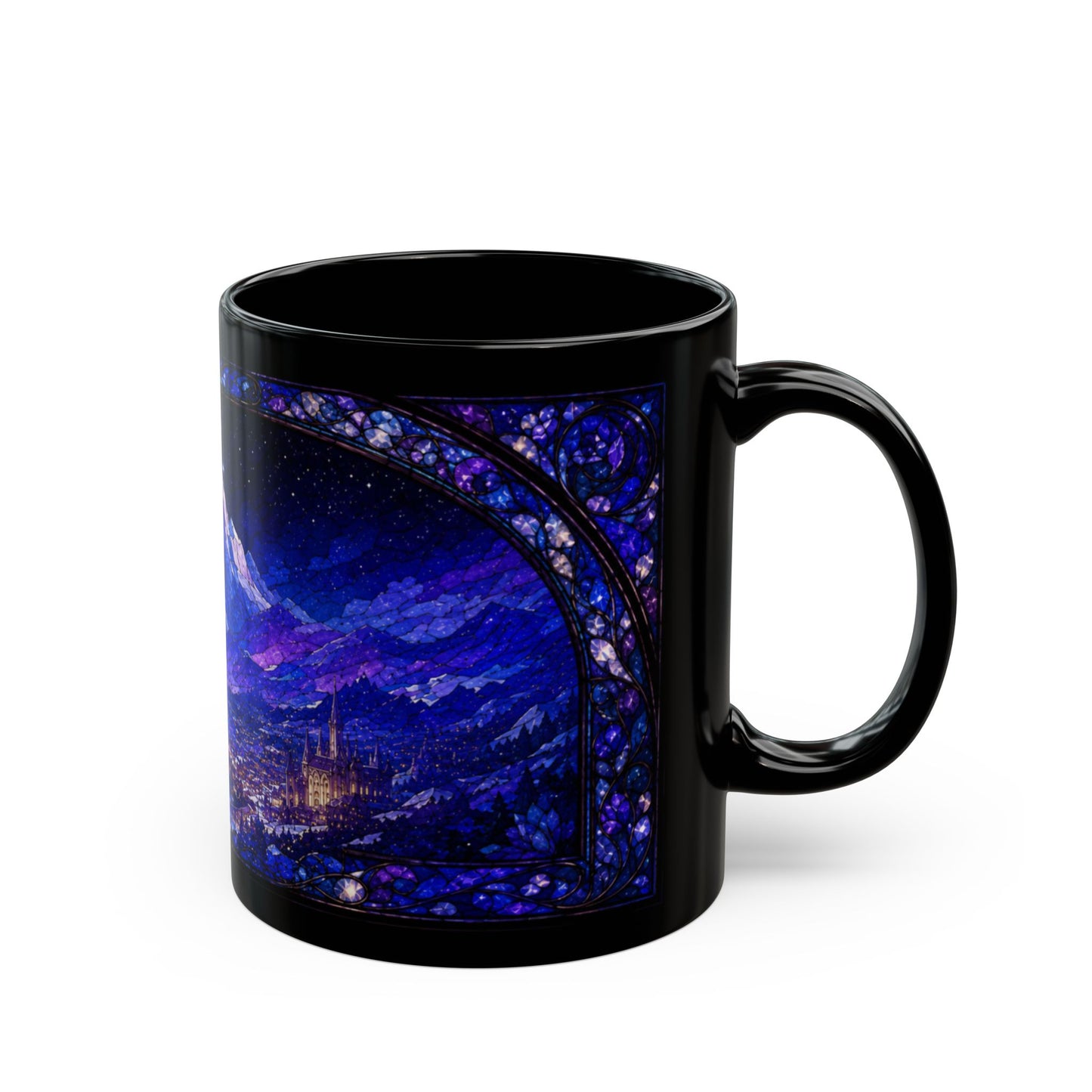 Black mug featuring a detailed stained-glass design of a castle under a starry night sky.