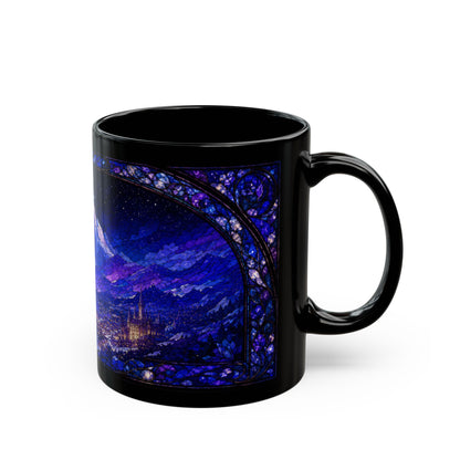 Black mug featuring a detailed stained-glass design of a castle under a starry night sky.