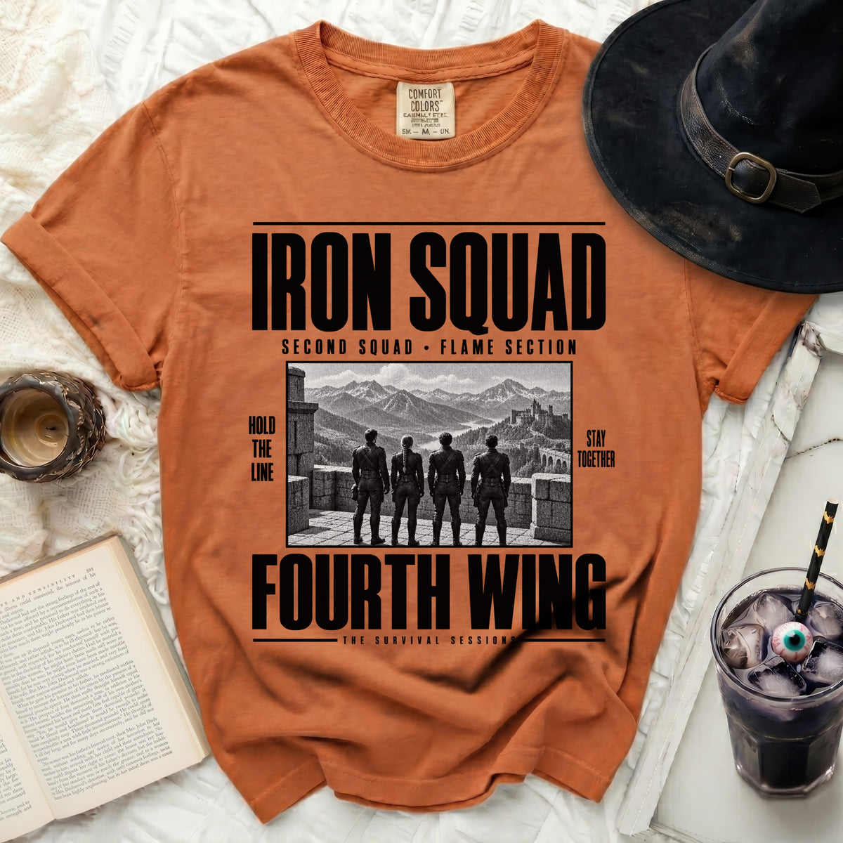 Orange t-shirt with "Iron Squad, Second Squad, Flame Section, Fourth Wing" text.