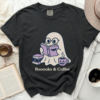Ghost reading Boooooks & Coffee with stack of books and pumpkin coffee cup.