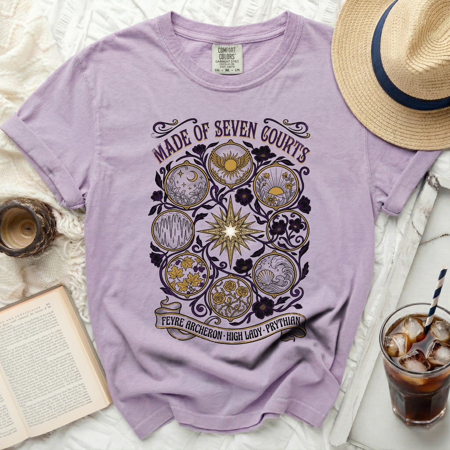 Lavender t-shirt with "Made of Seven Courts" and "Feyre Archeron High Lady Prythian" text.