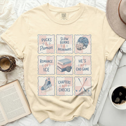 Cream t-shirt with hockey-themed phrases and graphics in nine squares.