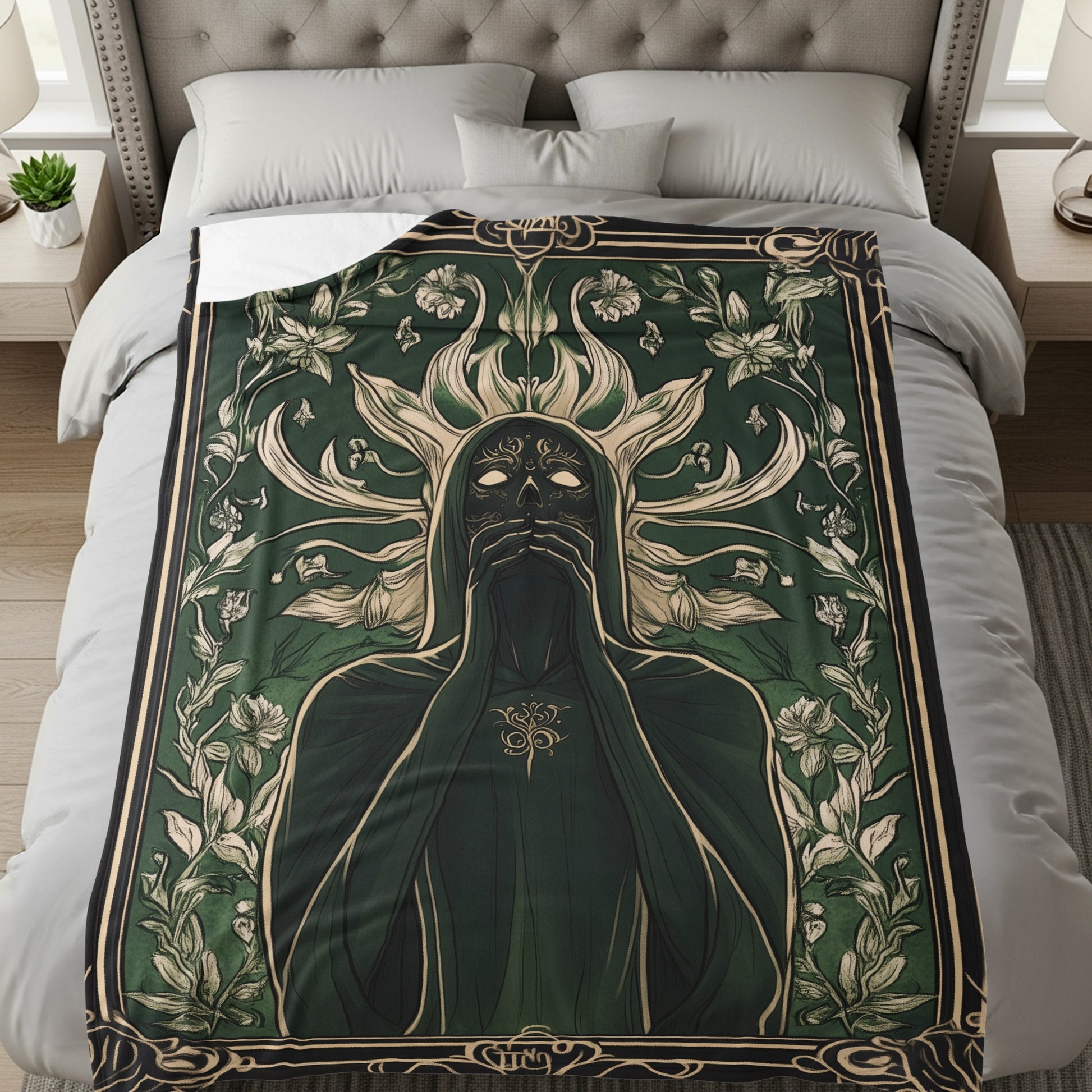 Enigmatic Sun Figure among Floral Patterns Bedding
