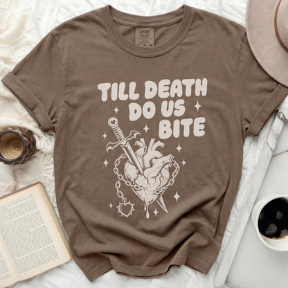 Brown t-shirt with gothic heart, dagger, and "Till Death Do Us Bite" text.