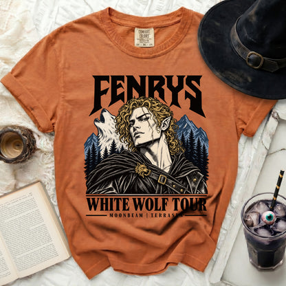 Orange t-shirt with Fenrys White Wolf Tour graphic, wolf, and mountains.