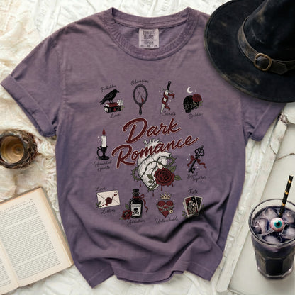 T-shirt with "Dark Romance" text and gothic icons.