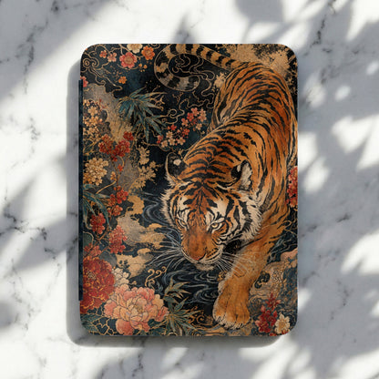 Tiger and floral art on a dark background with swirling gold accents.