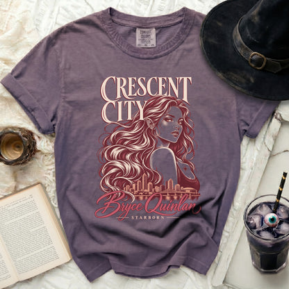 Purple t-shirt with Crescent City, Bryce Quinlan, Starborn graphic.