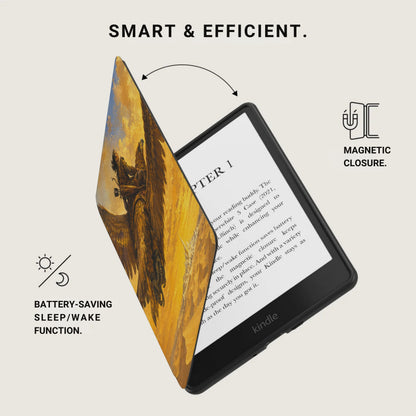 Kindle case with art on cover, magnetic closure, and battery-saving sleep/wake function.