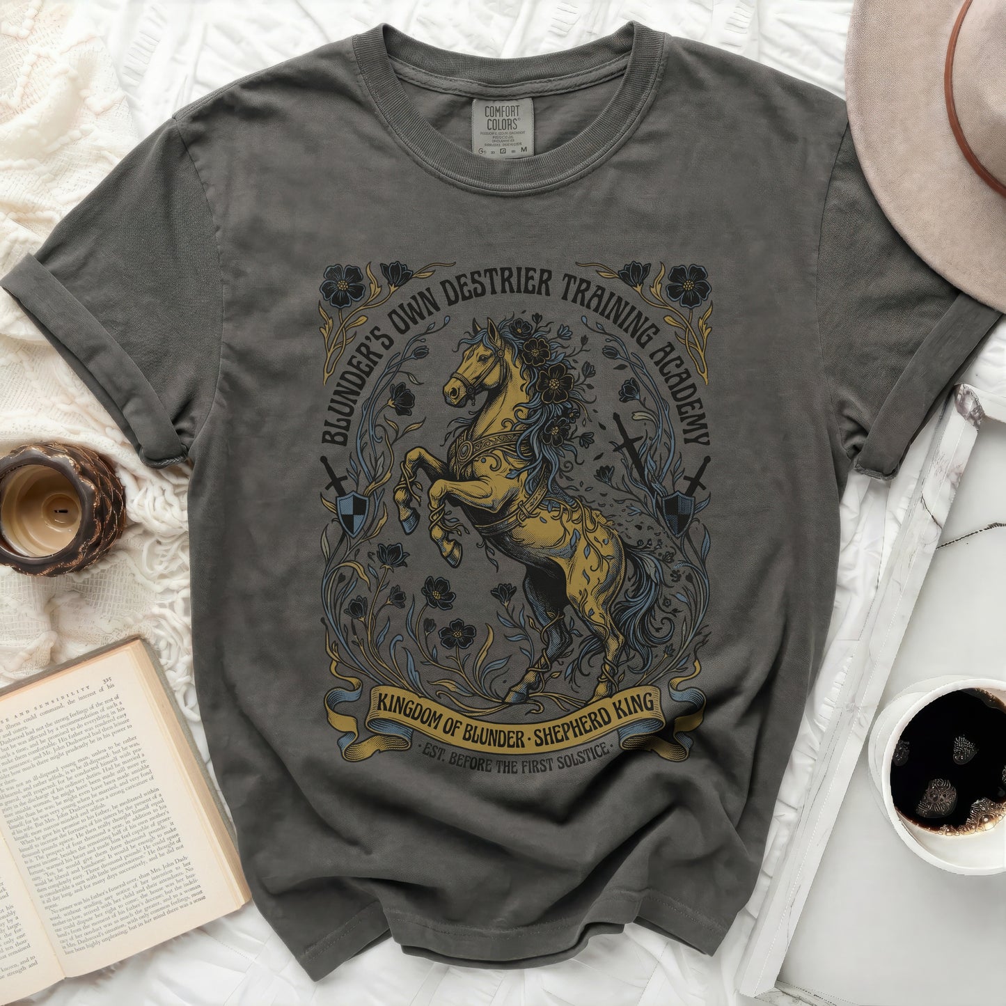 Grey t-shirt featuring a horse, castle, and academy text.
