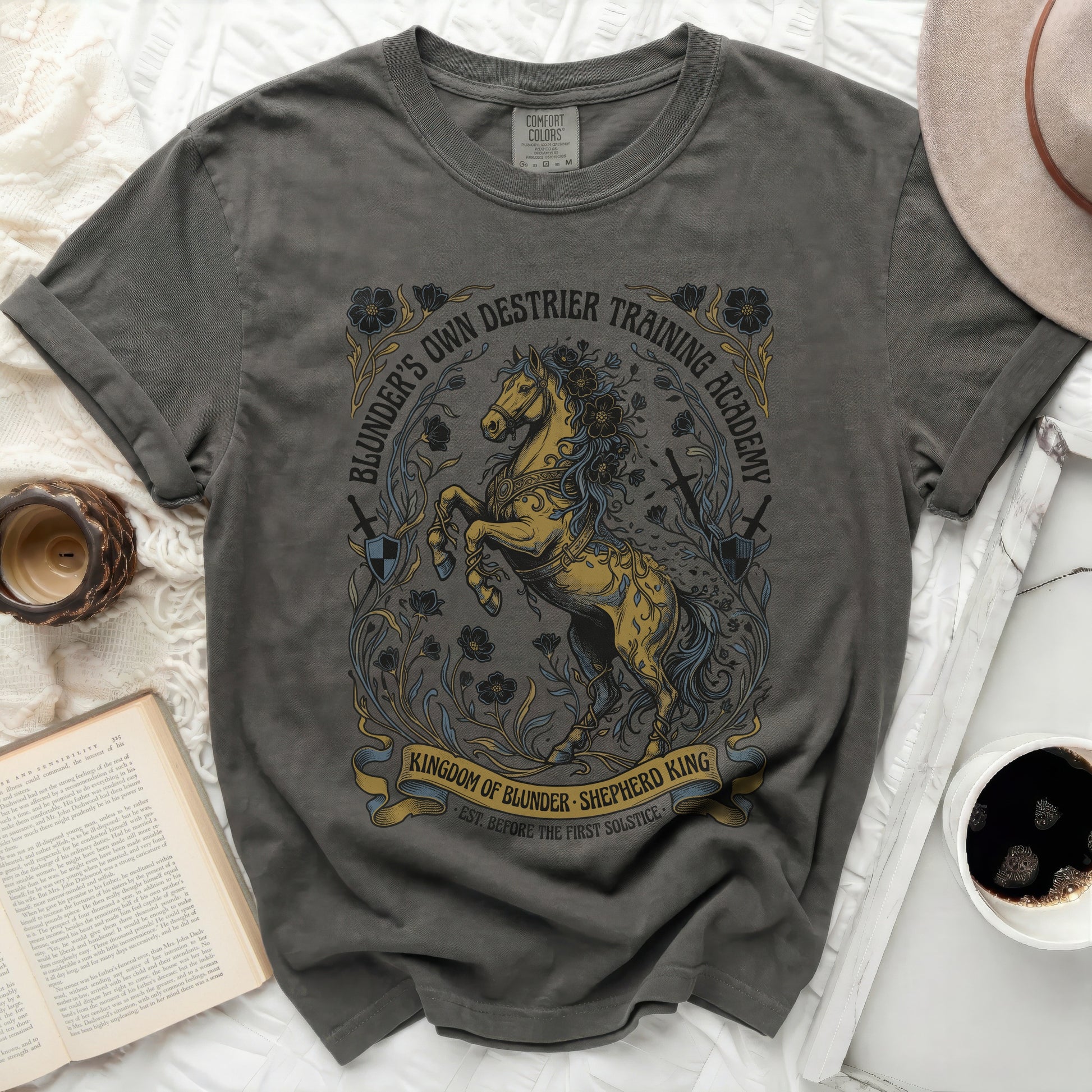 Grey t-shirt featuring a horse, castle, and academy text.