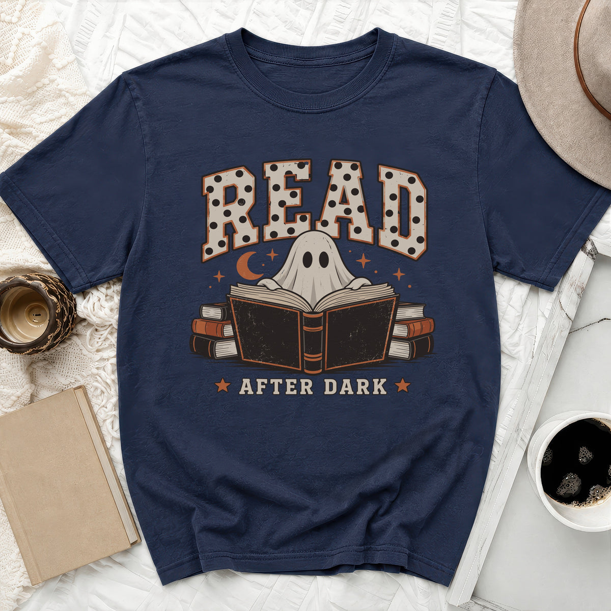 Navy t-shirt with "READ" and "AFTER DARK" text, featuring a ghost reading a book.