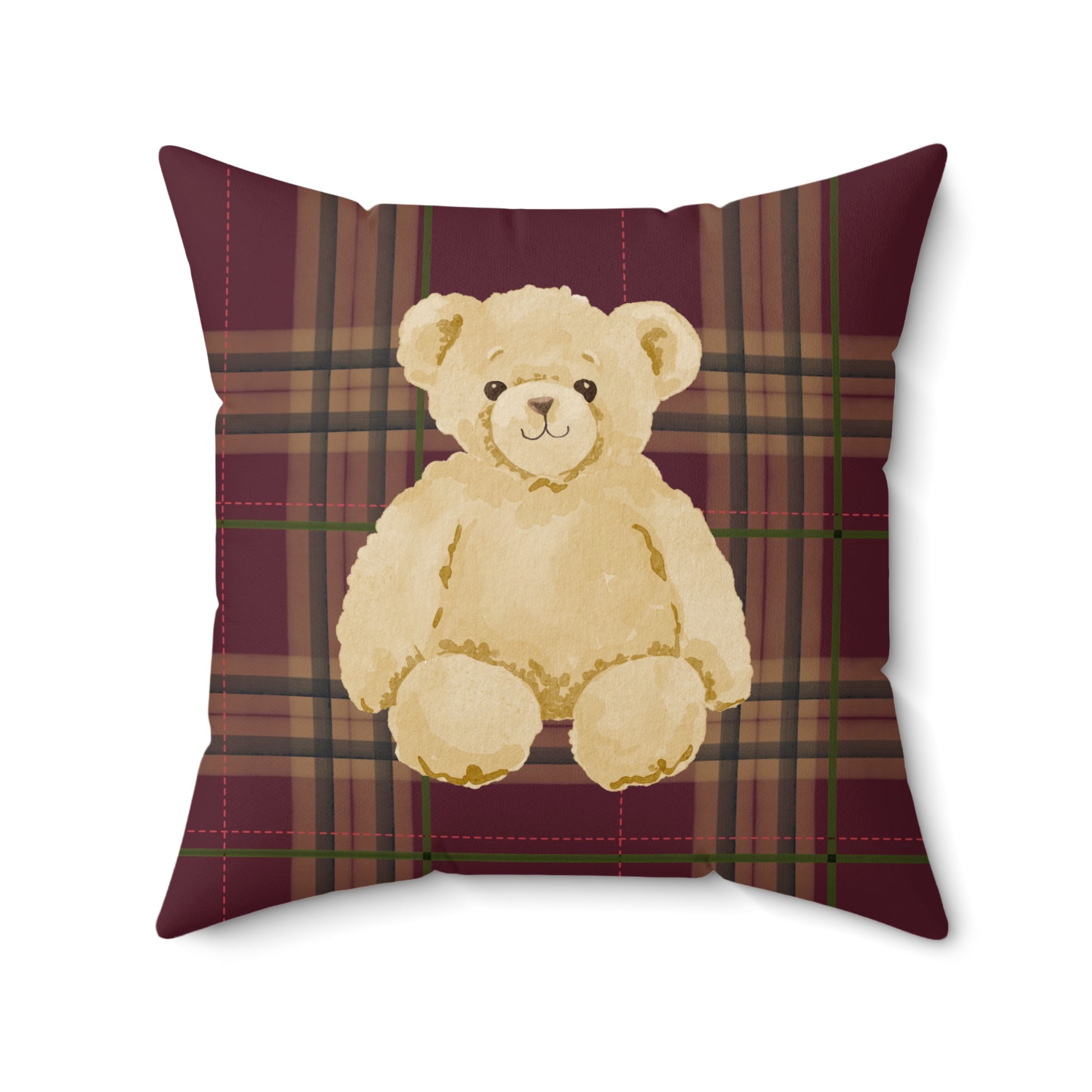 Plaid Throw Pillow with Cute Teddy Bear Design Pillow