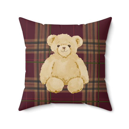 Plaid Throw Pillow with Cute Teddy Bear Design Pillow