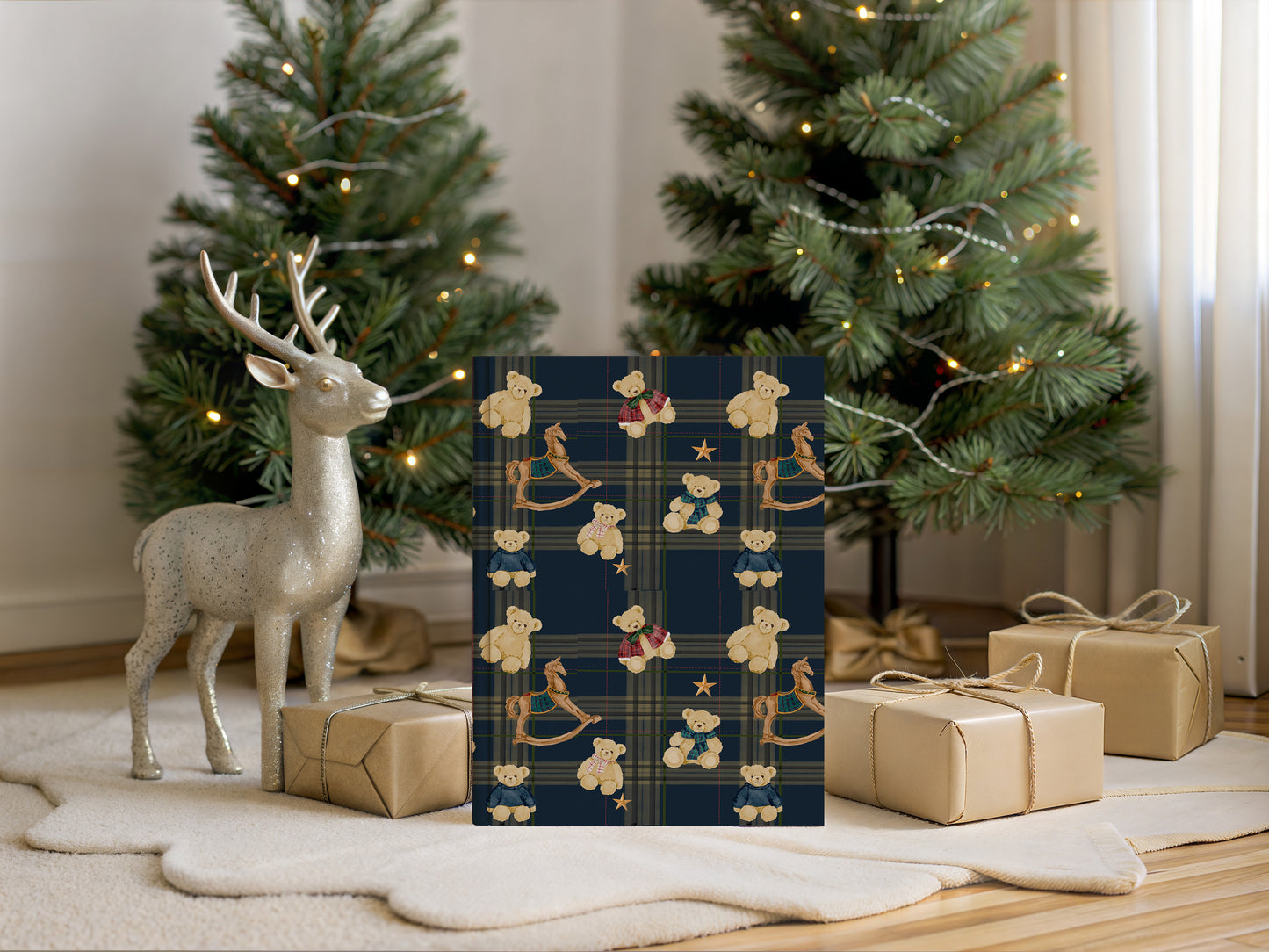 Festive Holiday Gift Wrap with Reindeer and Bears Design