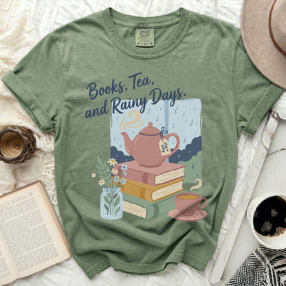Green t-shirt with "Books, Tea, and Rainy Days" text and illustration.