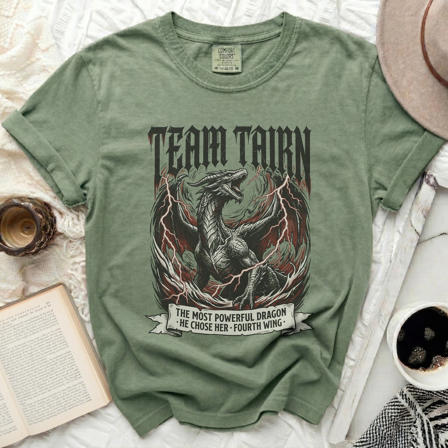Green t-shirt with "TEAM TAIRN" and dragon graphic.