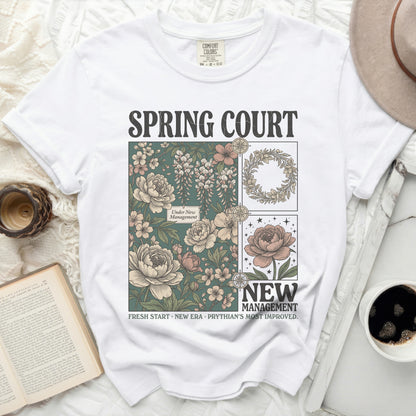 White t-shirt with "Spring Court" and floral design.