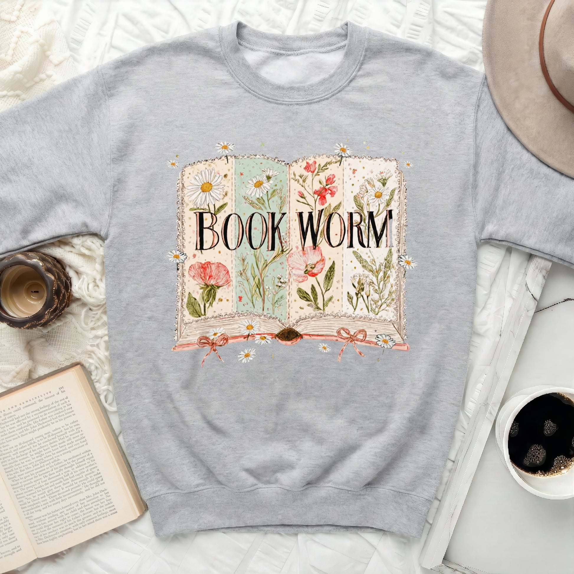Book Worm Flower Design Grey Sweatshirt