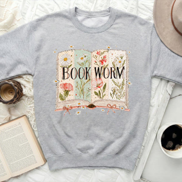 Floral Book Worm Sweatshirt in Sport Grey