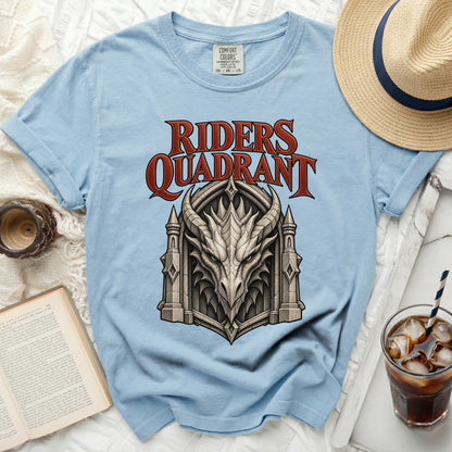 Light blue t-shirt with "RIDERS QUADRANT" text and dragon emblem.
