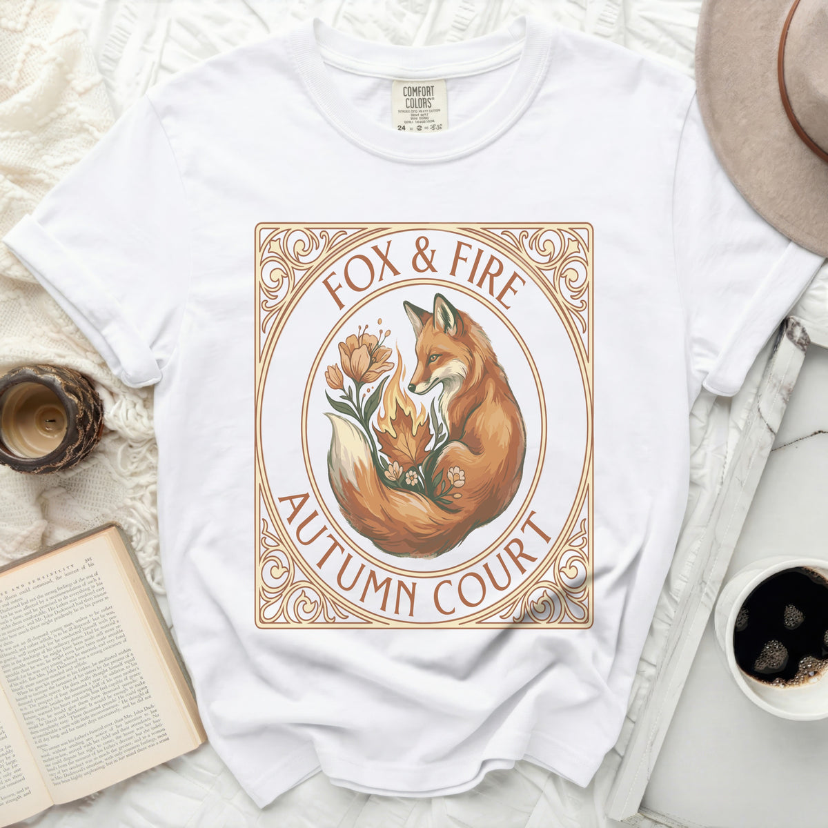 White t-shirt with "Fox & Fire Autumn Court" circular graphic featuring a fox.