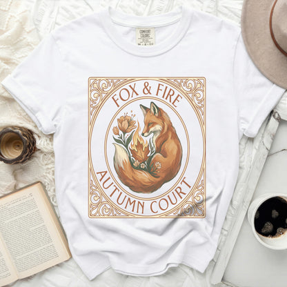 White t-shirt with "Fox & Fire Autumn Court" circular graphic featuring a fox.
