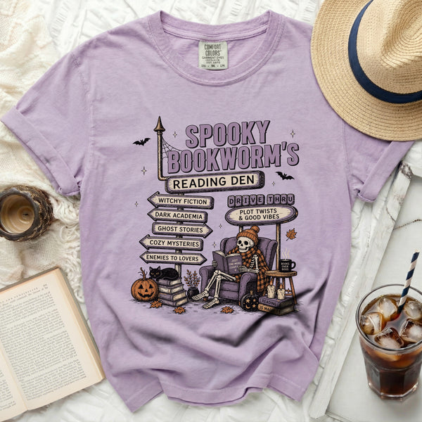 Spooky Bookworm's Den Tee in Orchid