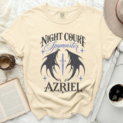 Cream t-shirt with "Night Court Spymaster Azriel" text and wings graphic.