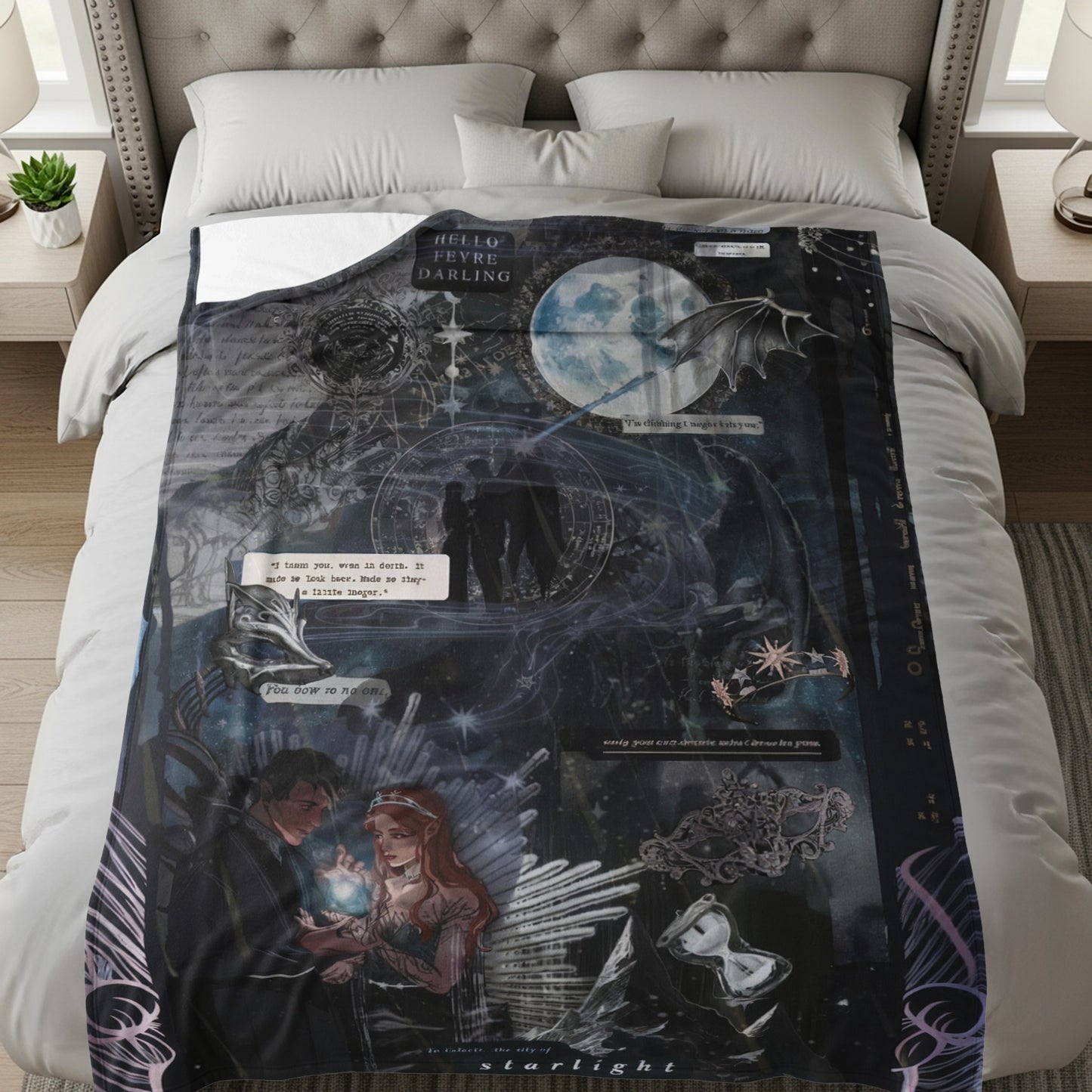 Enchanting Fantasy Collage Moonlit Lovers Blanket
