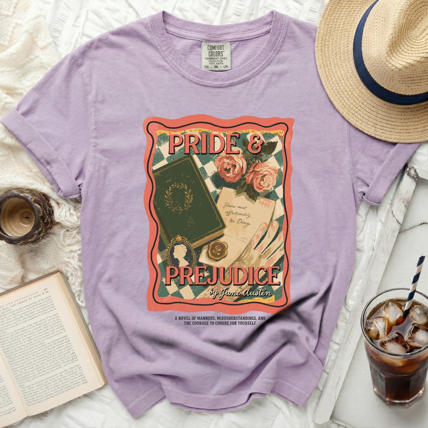 Lavender t-shirt with "Pride and Prejudice" graphic by Jane Austen.