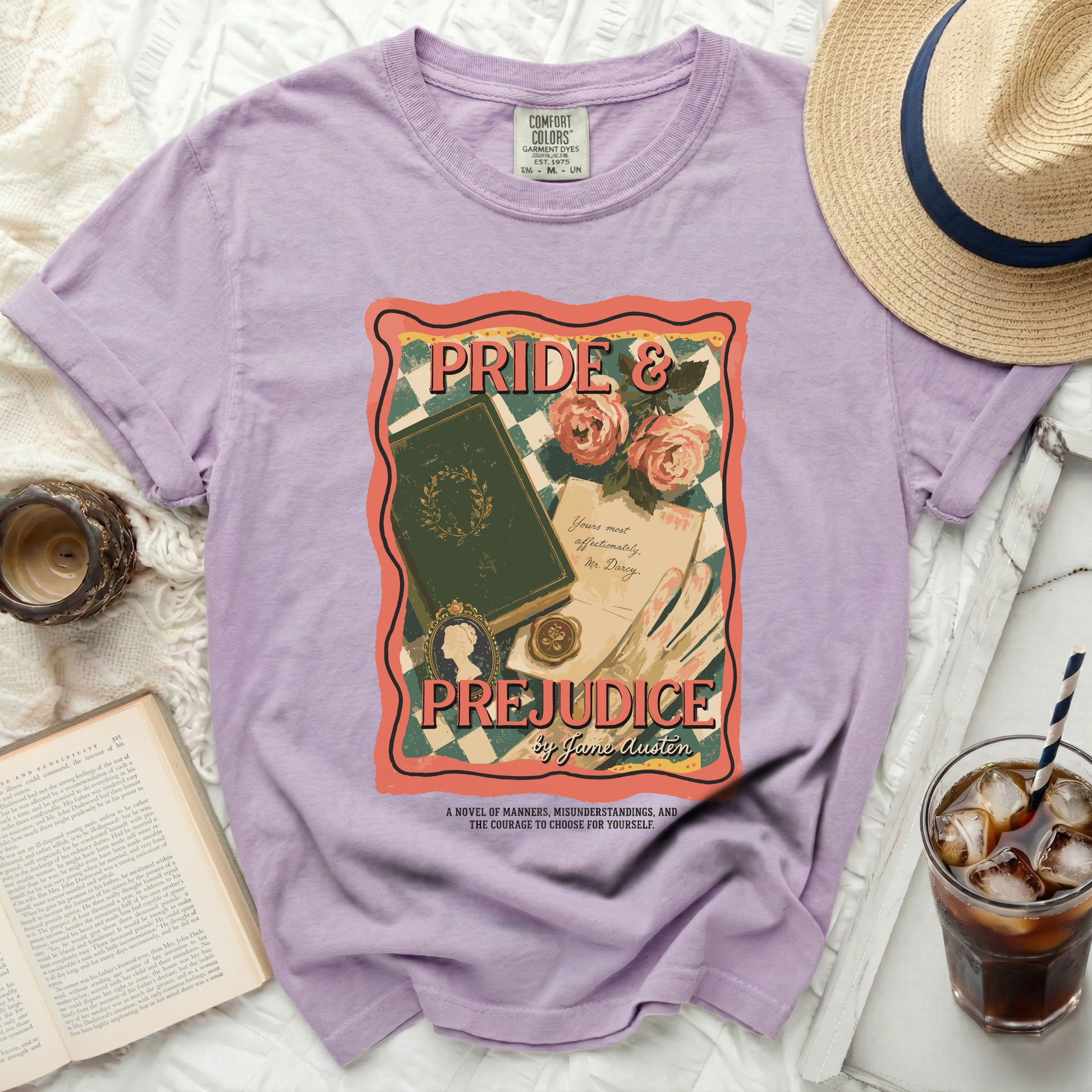Lavender t-shirt with "Pride and Prejudice" graphic by Jane Austen.