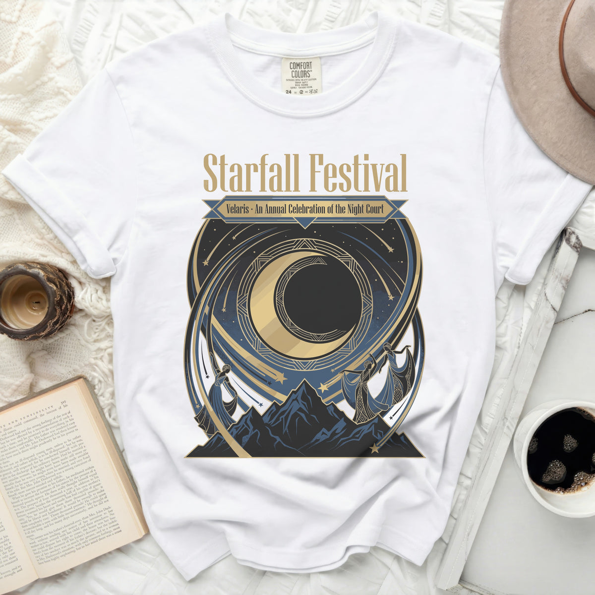 White t-shirt with Starfall Festival graphic and text "Velaris - An Annual Celebration of the Night Court".