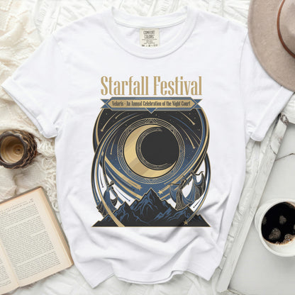 White t-shirt with Starfall Festival graphic and text "Velaris - An Annual Celebration of the Night Court".