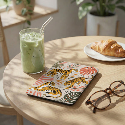 Case with tigers and tropical leaves pattern next to iced matcha and croissant.