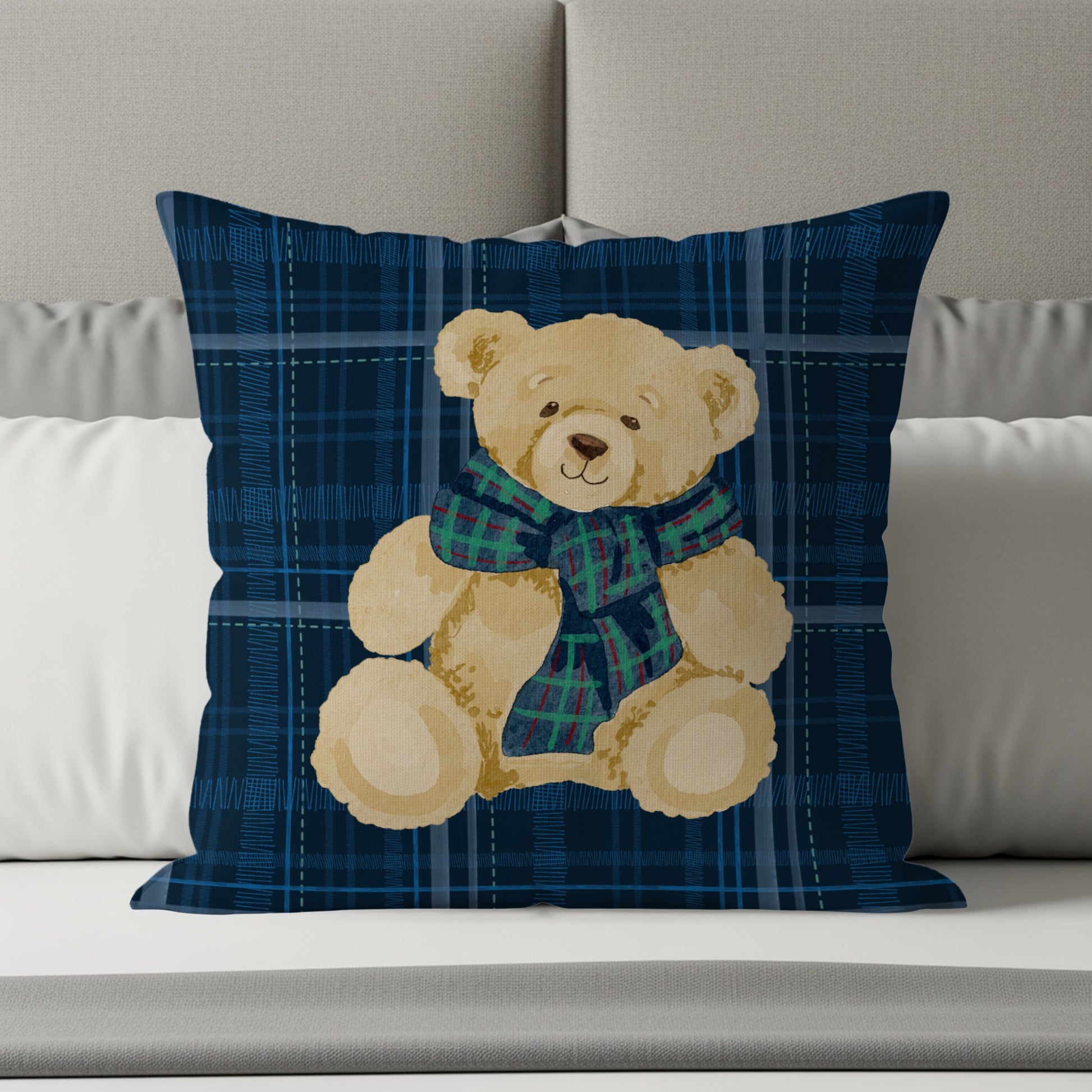 Decorative Pillow with Cute Teddy Bear and Blue Plaid Pattern