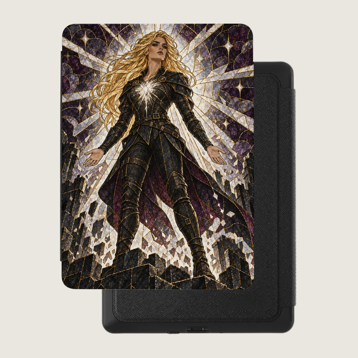 Fantasy warrior with long blonde hair in ornate black armor stands against a stained glass background.