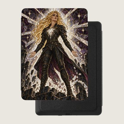 Fantasy warrior with long blonde hair in ornate black armor stands against a stained glass background.