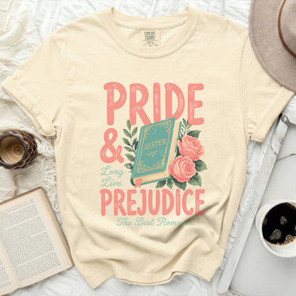 Cream t-shirt with pink Pride & Prejudice text and book graphic.