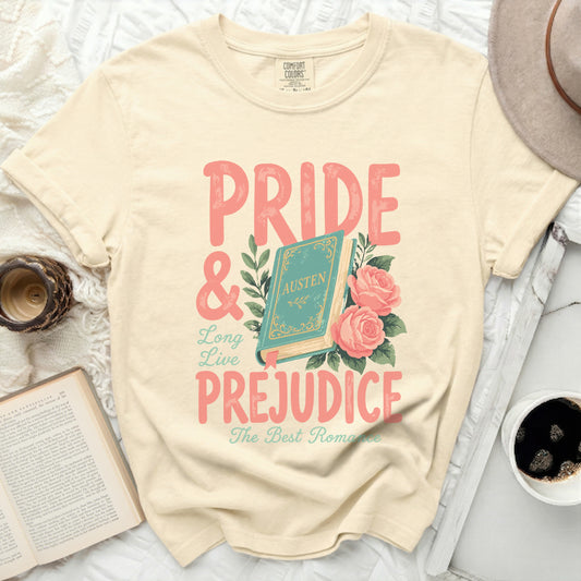 Cream t-shirt with pink Pride & Prejudice text and book graphic.