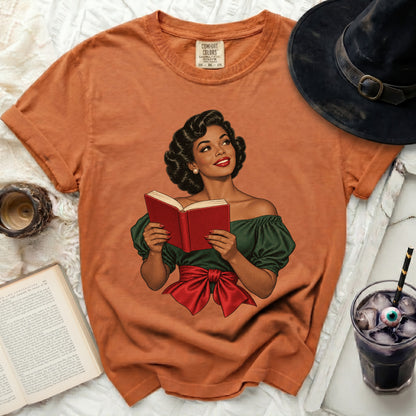 Comfort Colors t-shirt with vintage illustration of woman reading a book.