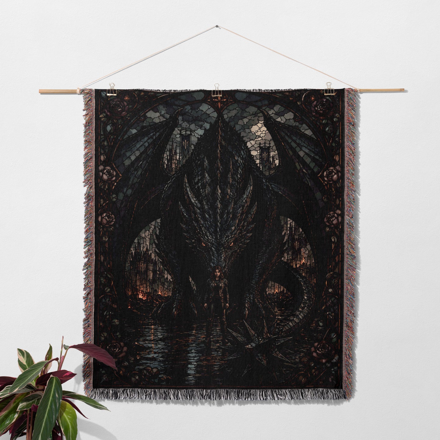 a large, detailed tapestry hanging on a wall, depicting a dragon-like creature with intricate patterns and designs.