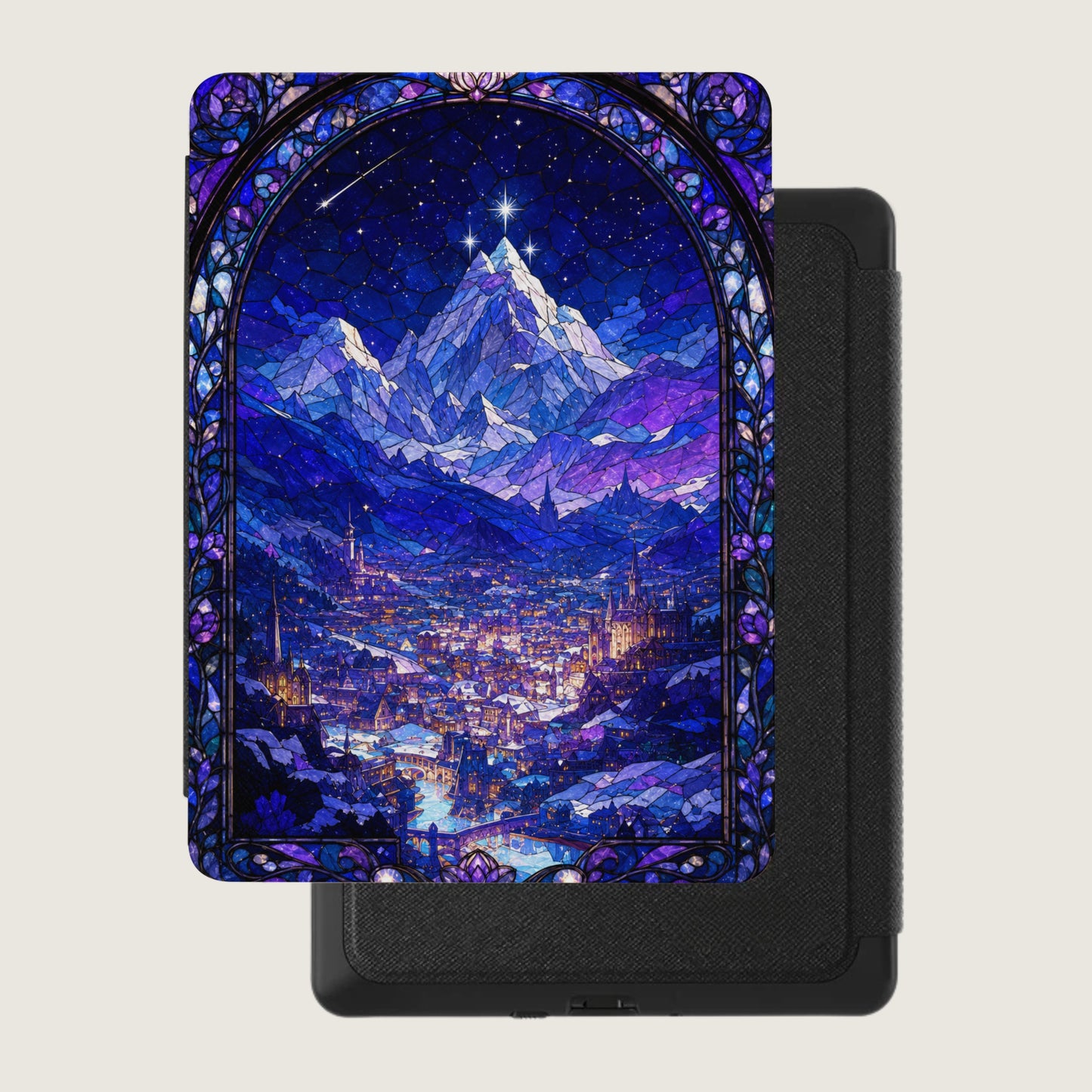 Stained glass art of a city and mountains under a starry night sky.