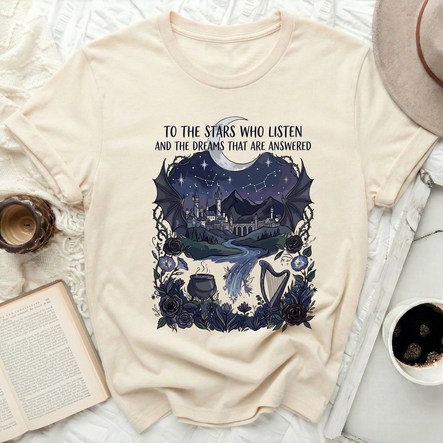 TO THE STARS WHO LISTEN AND THE DREAMS THAT ARE ANSWERED T-Shirt

ACOTAR Shirt
Velaris Tee
Bookish Gift
SJM Fandom
Fantasy Lover
Night Court
Stars Listen
Dreams Answered
Celestial Art
Moon Design
Castle Graphic
Dragon Wings
Rose Flowers
Witchy Vibes
Harp Art
Mystical Realm
Aesthetic Shirt
Literary Tee
Cottagecore
Goth Aesthetic