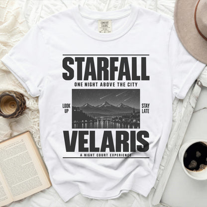 White t-shirt with Starfall, Velaris, and city graphic.