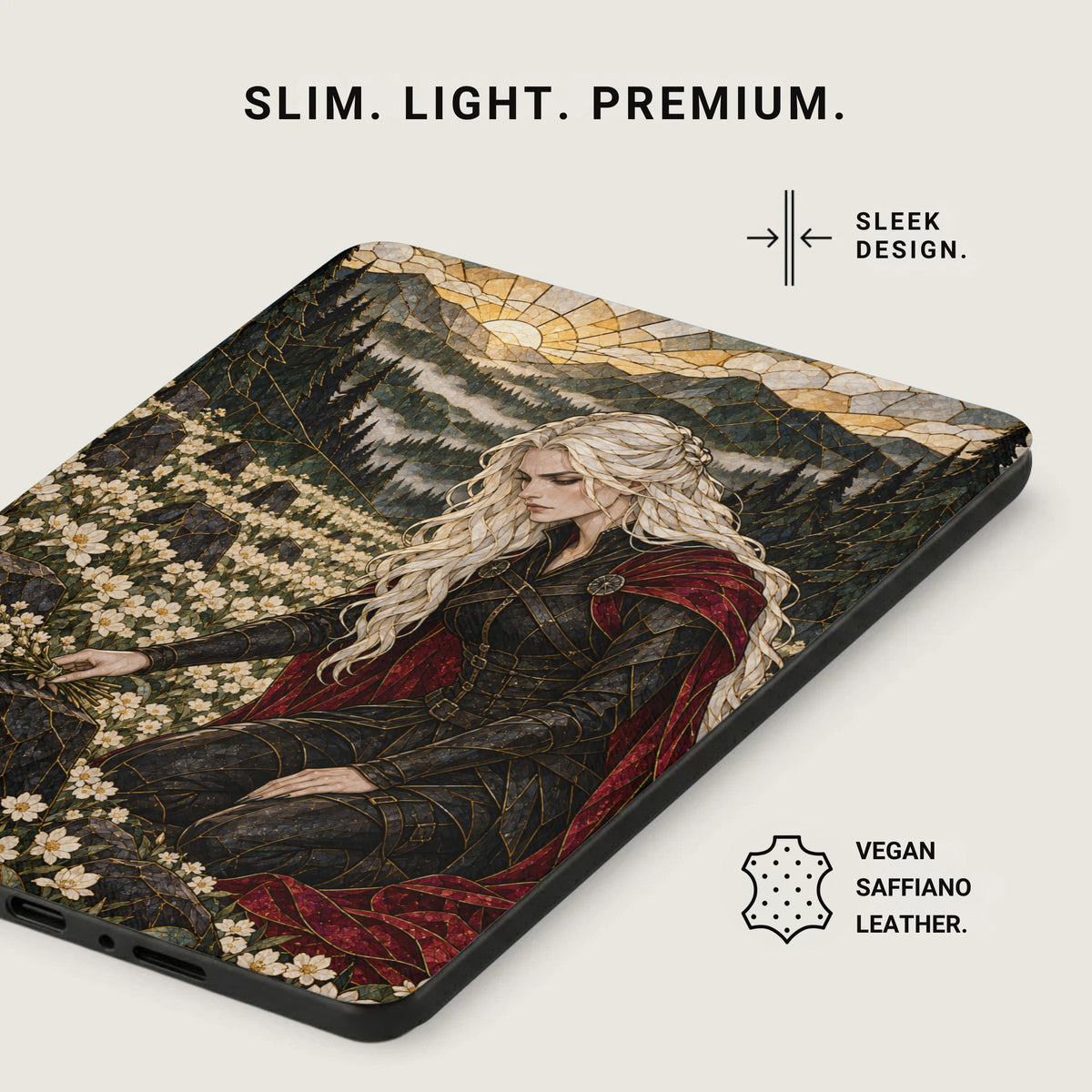 Phone case with blonde woman in armor and red cape, floral and forest design.