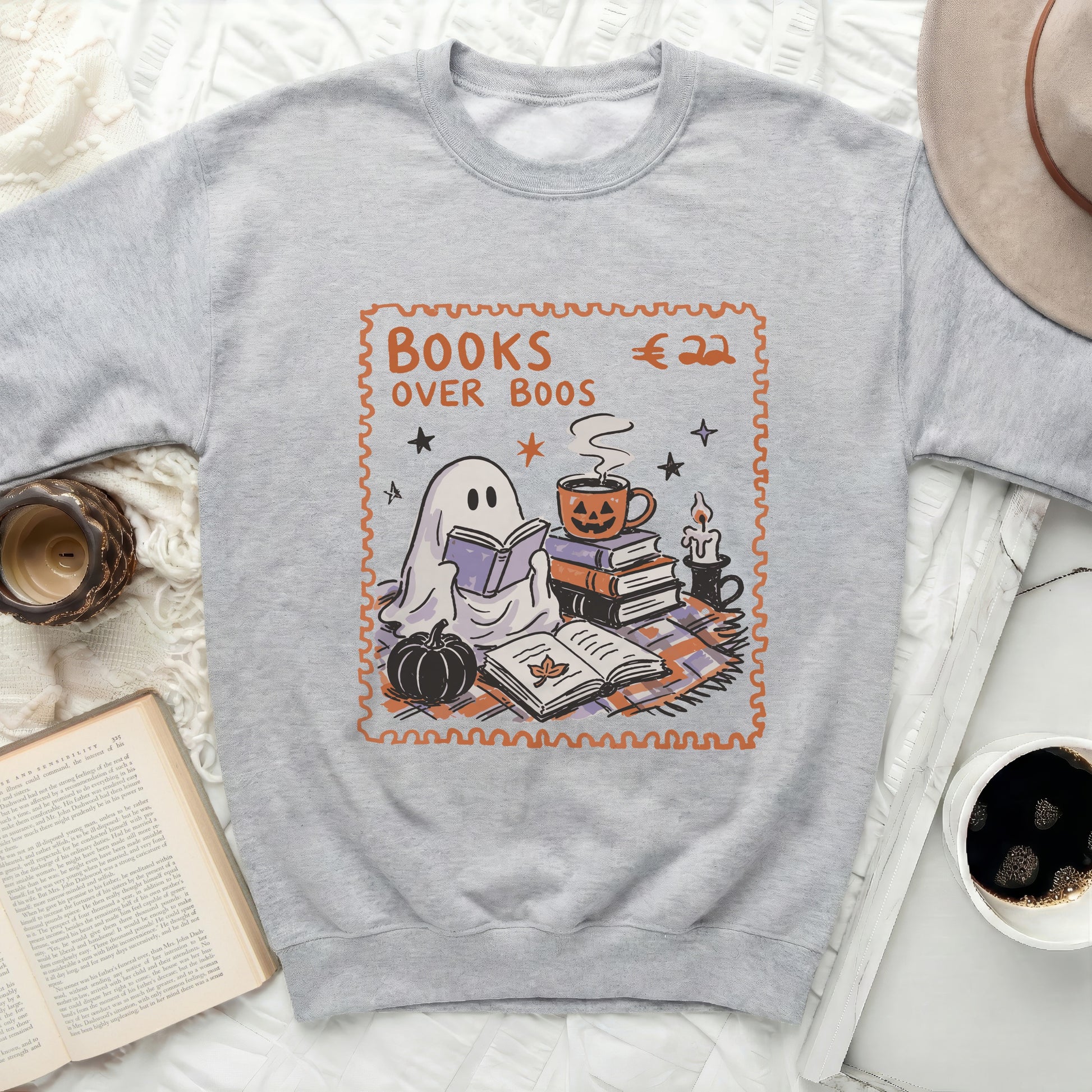 Grey sweatshirt with "Books Over Boos" and a ghost reading books.