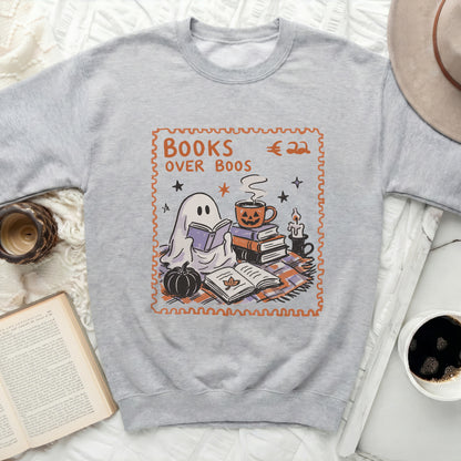 Grey sweatshirt with "Books Over Boos" and a ghost reading books.